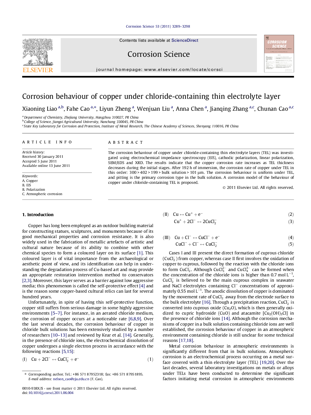 Corrosion behaviour of copper under chloride-containing thin electrolyte layer