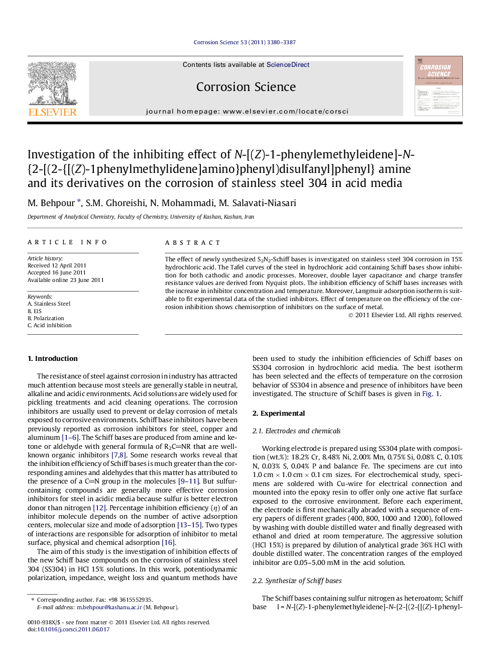 Investigation of the inhibiting effect of N-[(Z)-1-phenylemethyleidene]-N-{2-[(2-{[(Z)-1phenylmethylidene]amino}phenyl)disulfanyl]phenyl} amine and its derivatives on the corrosion of stainless steel 304 in acid media