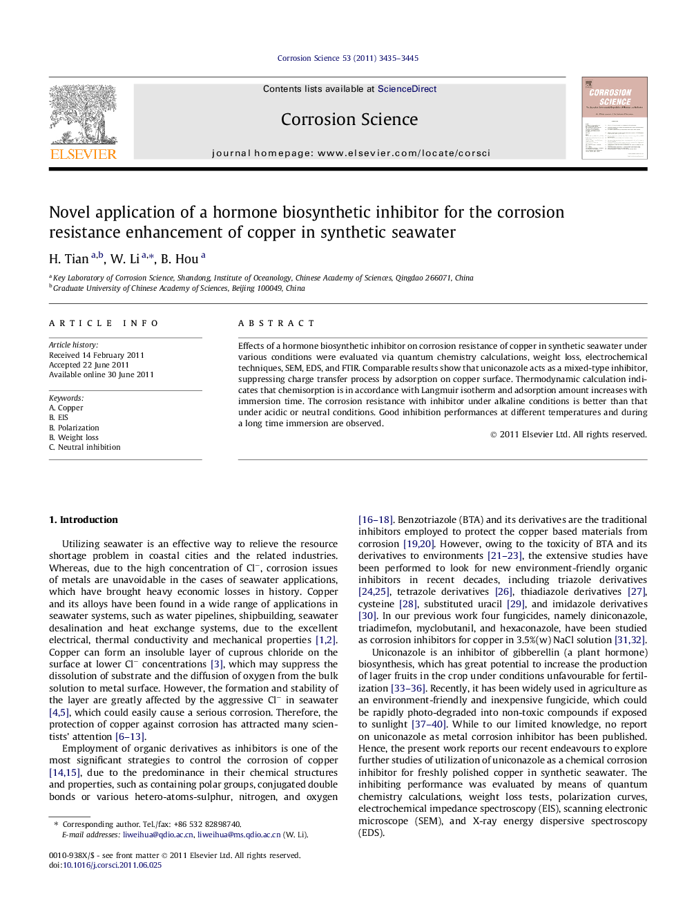 Novel application of a hormone biosynthetic inhibitor for the corrosion resistance enhancement of copper in synthetic seawater