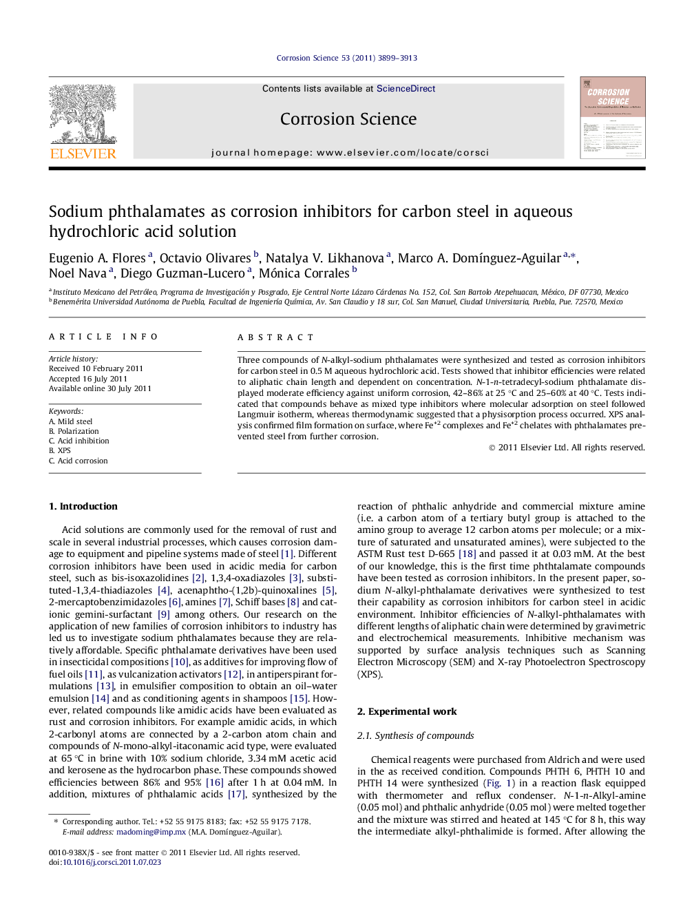 Sodium phthalamates as corrosion inhibitors for carbon steel in aqueous hydrochloric acid solution