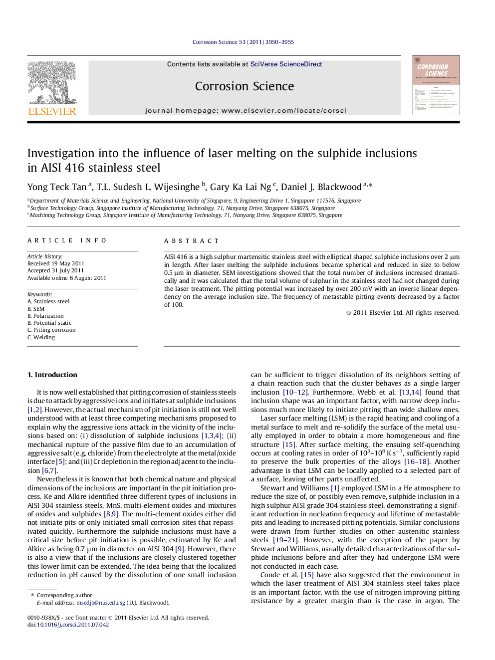 Investigation into the influence of laser melting on the sulphide inclusions in AISI 416 stainless steel