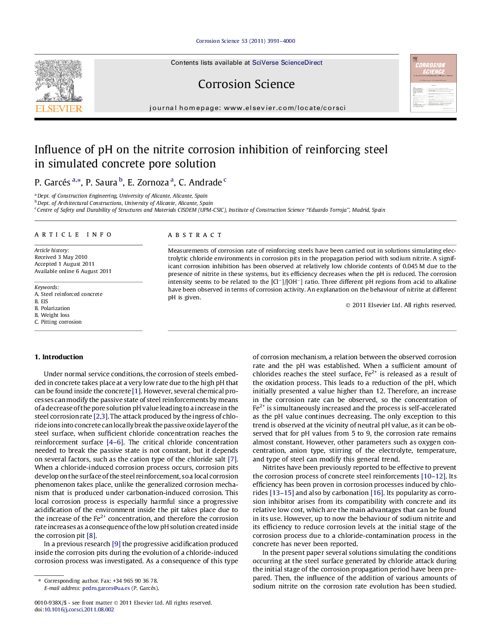 Influence of pH on the nitrite corrosion inhibition of reinforcing steel in simulated concrete pore solution