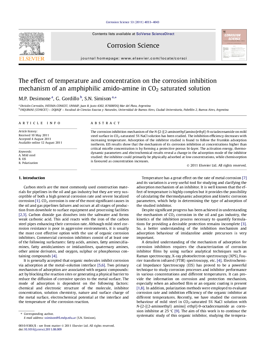 The effect of temperature and concentration on the corrosion inhibition mechanism of an amphiphilic amido-amine in CO2 saturated solution