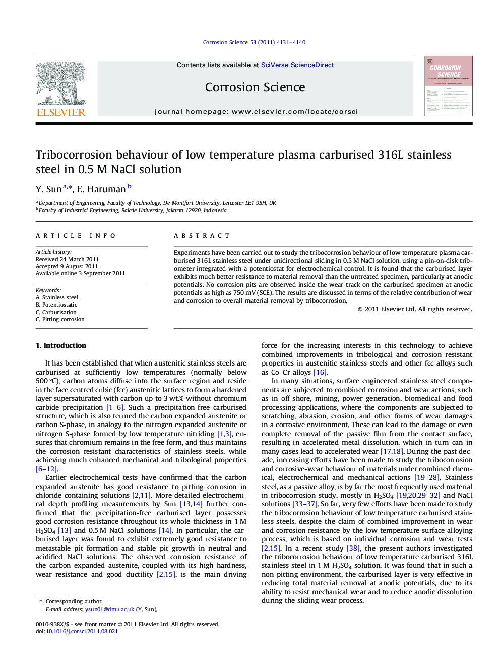 Tribocorrosion behaviour of low temperature plasma carburised 316L stainless steel in 0.5 M NaCl solution