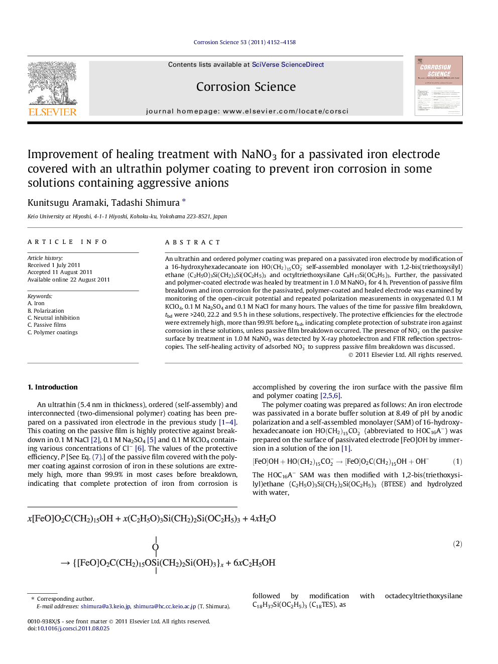 Improvement of healing treatment with NaNO3 for a passivated iron electrode covered with an ultrathin polymer coating to prevent iron corrosion in some solutions containing aggressive anions