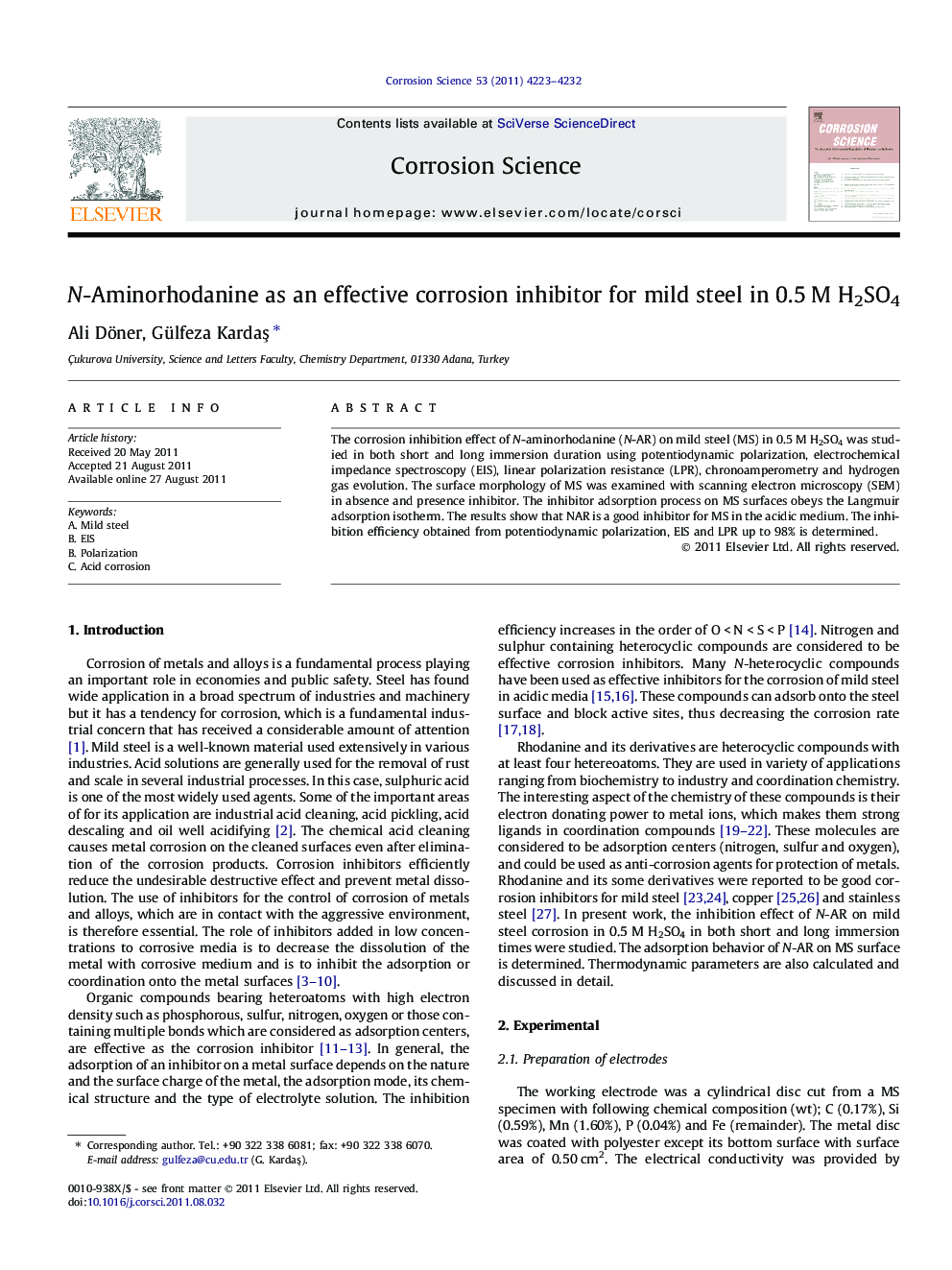 N-Aminorhodanine as an effective corrosion inhibitor for mild steel in 0.5Â M H2SO4