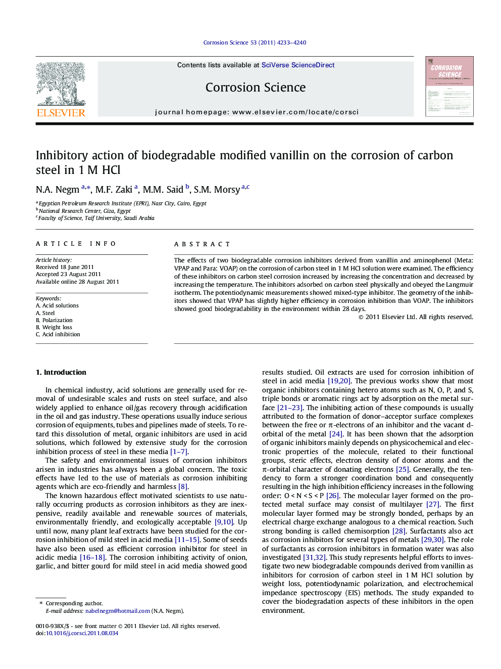 Inhibitory action of biodegradable modified vanillin on the corrosion of carbon steel in 1Â M HCl