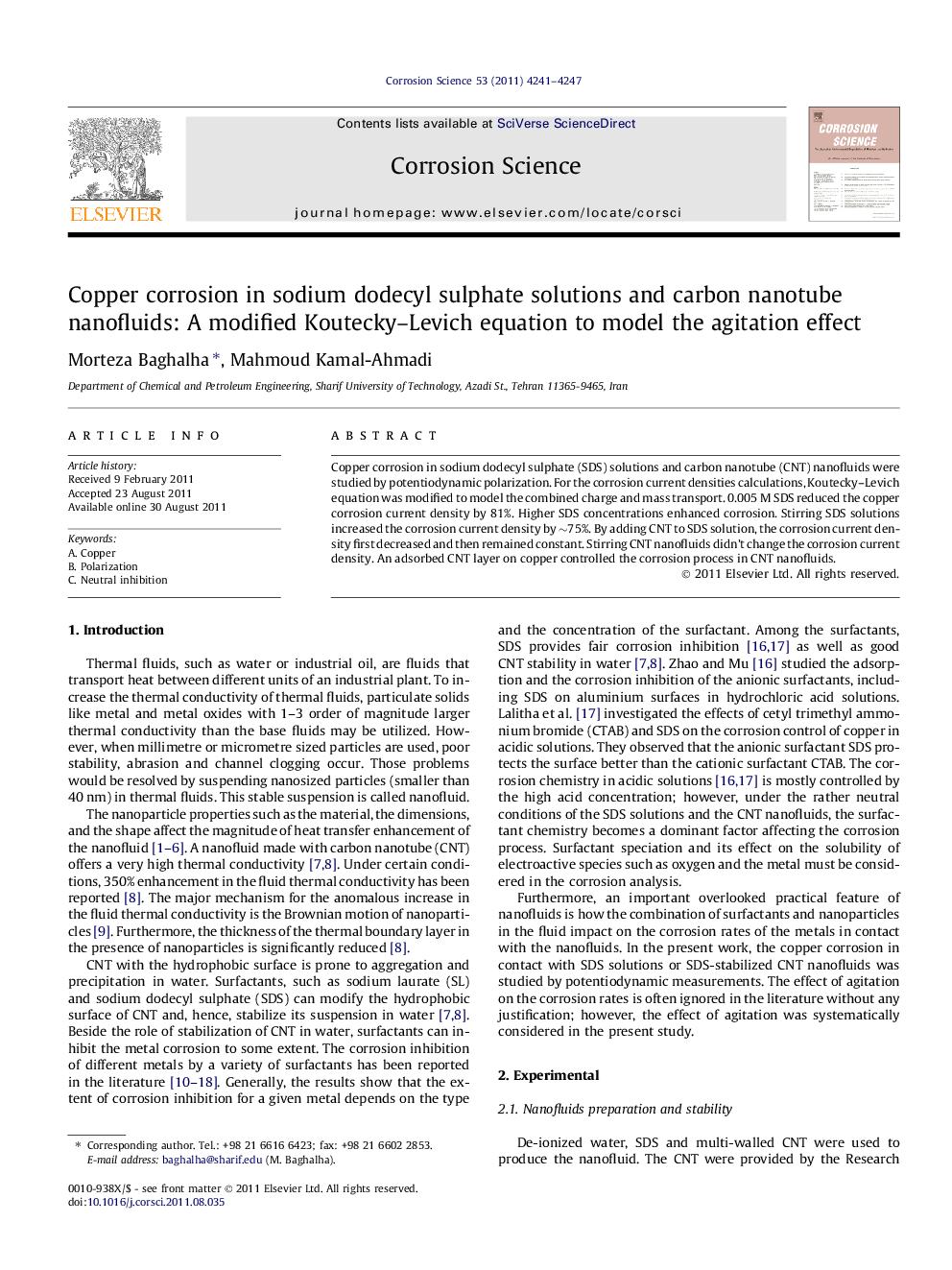 Copper corrosion in sodium dodecyl sulphate solutions and carbon nanotube nanofluids: A modified Koutecky–Levich equation to model the agitation effect