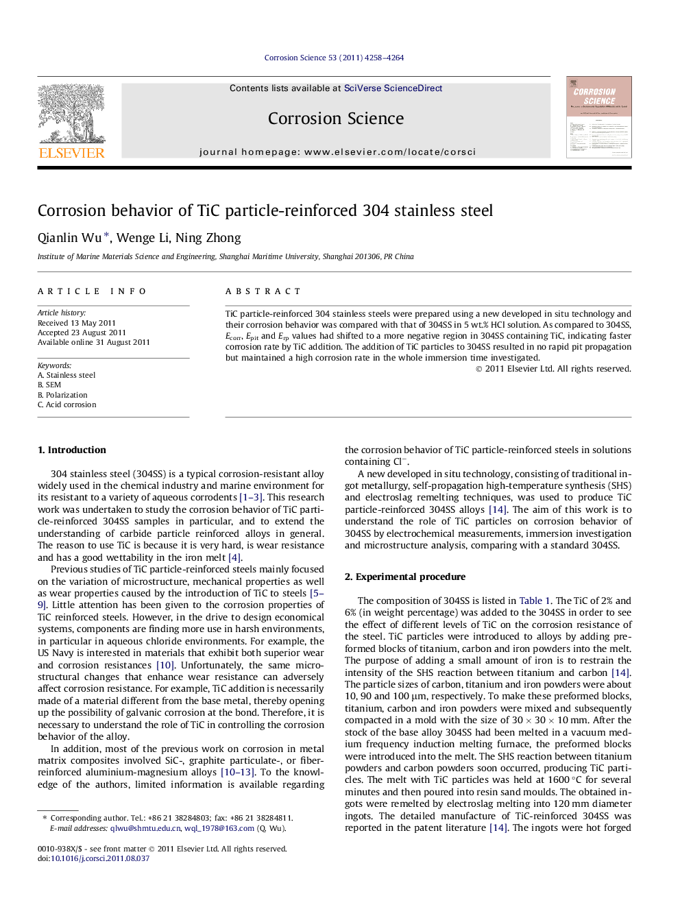 Corrosion behavior of TiC particle-reinforced 304 stainless steel