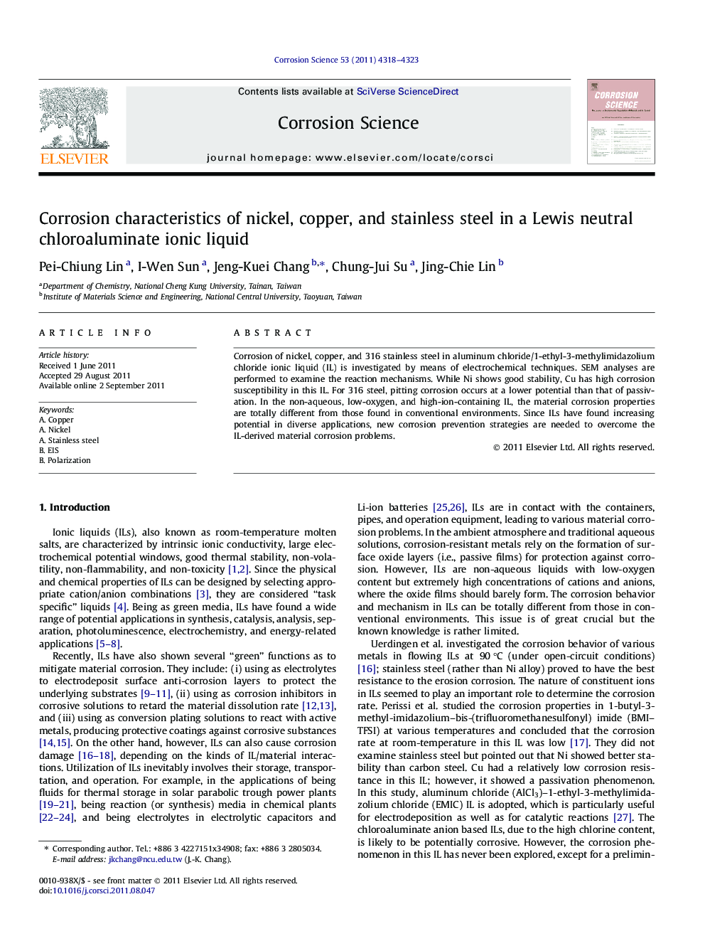 Corrosion characteristics of nickel, copper, and stainless steel in a Lewis neutral chloroaluminate ionic liquid