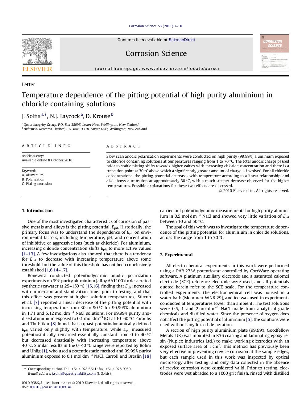 Temperature dependence of the pitting potential of high purity aluminium in chloride containing solutions