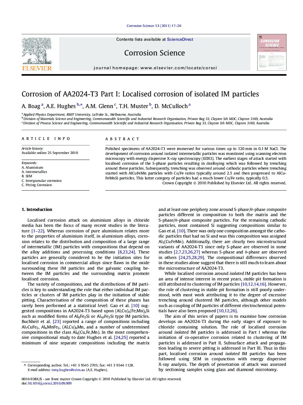 Corrosion of AA2024-T3 Part I: Localised corrosion of isolated IM particles