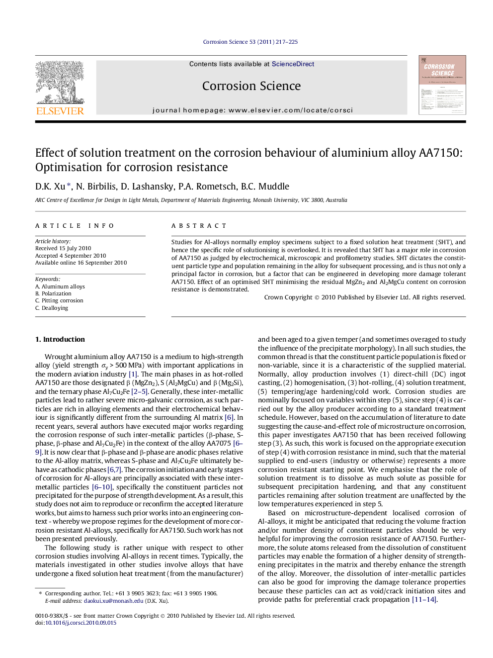 Effect of solution treatment on the corrosion behaviour of aluminium alloy AA7150: Optimisation for corrosion resistance