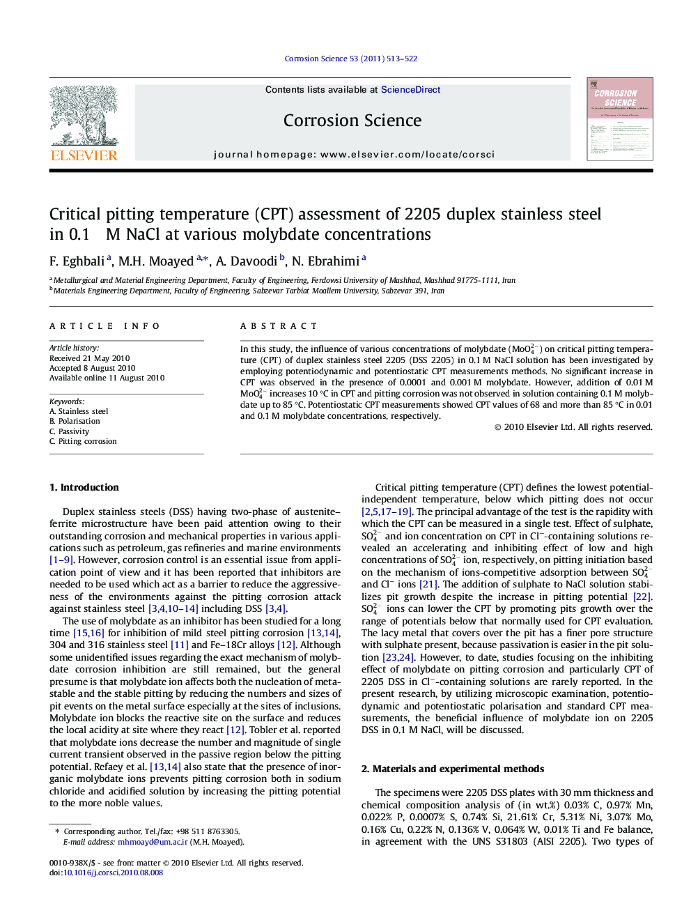 Critical pitting temperature (CPT) assessment of 2205 duplex stainless steel in 0.1 M NaCl at various molybdate concentrations