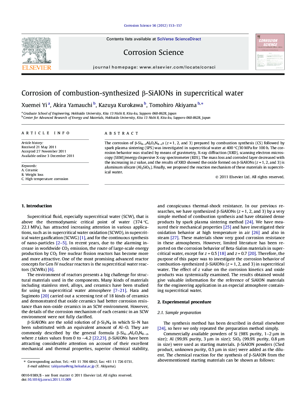 Corrosion of combustion-synthesized β-SiAlONs in supercritical water