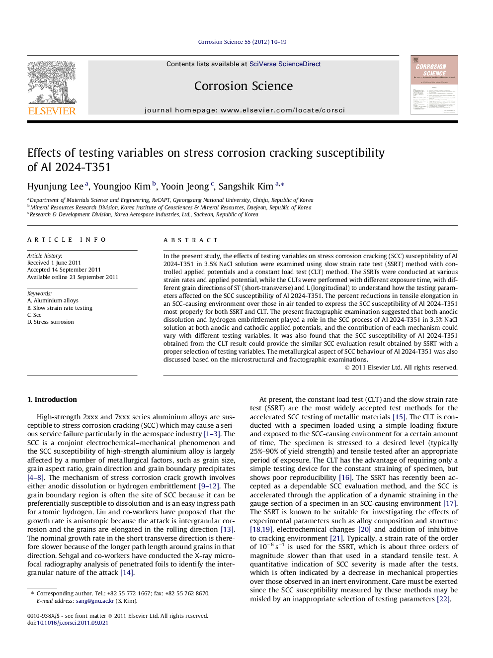 Effects of testing variables on stress corrosion cracking susceptibility of Al 2024-T351