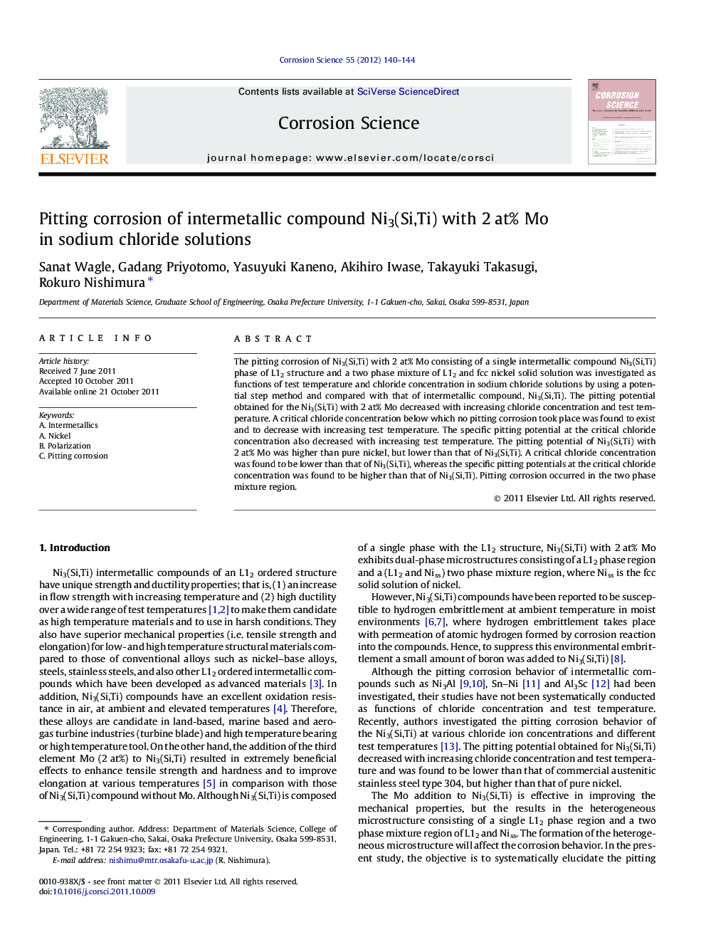 Pitting corrosion of intermetallic compound Ni3(Si,Ti) with 2 at% Mo in sodium chloride solutions