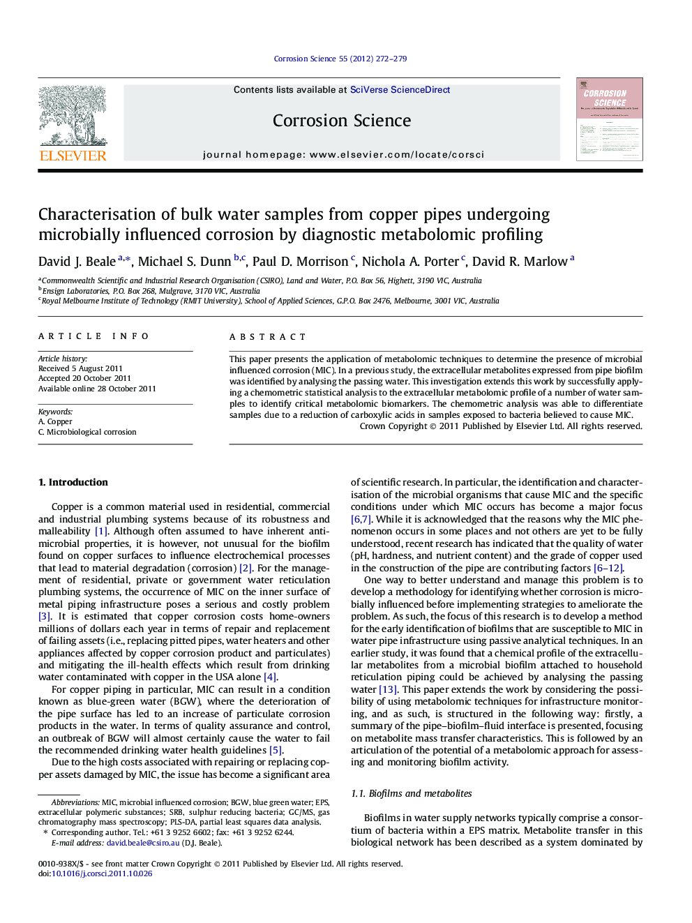 Characterisation of bulk water samples from copper pipes undergoing microbially influenced corrosion by diagnostic metabolomic profiling