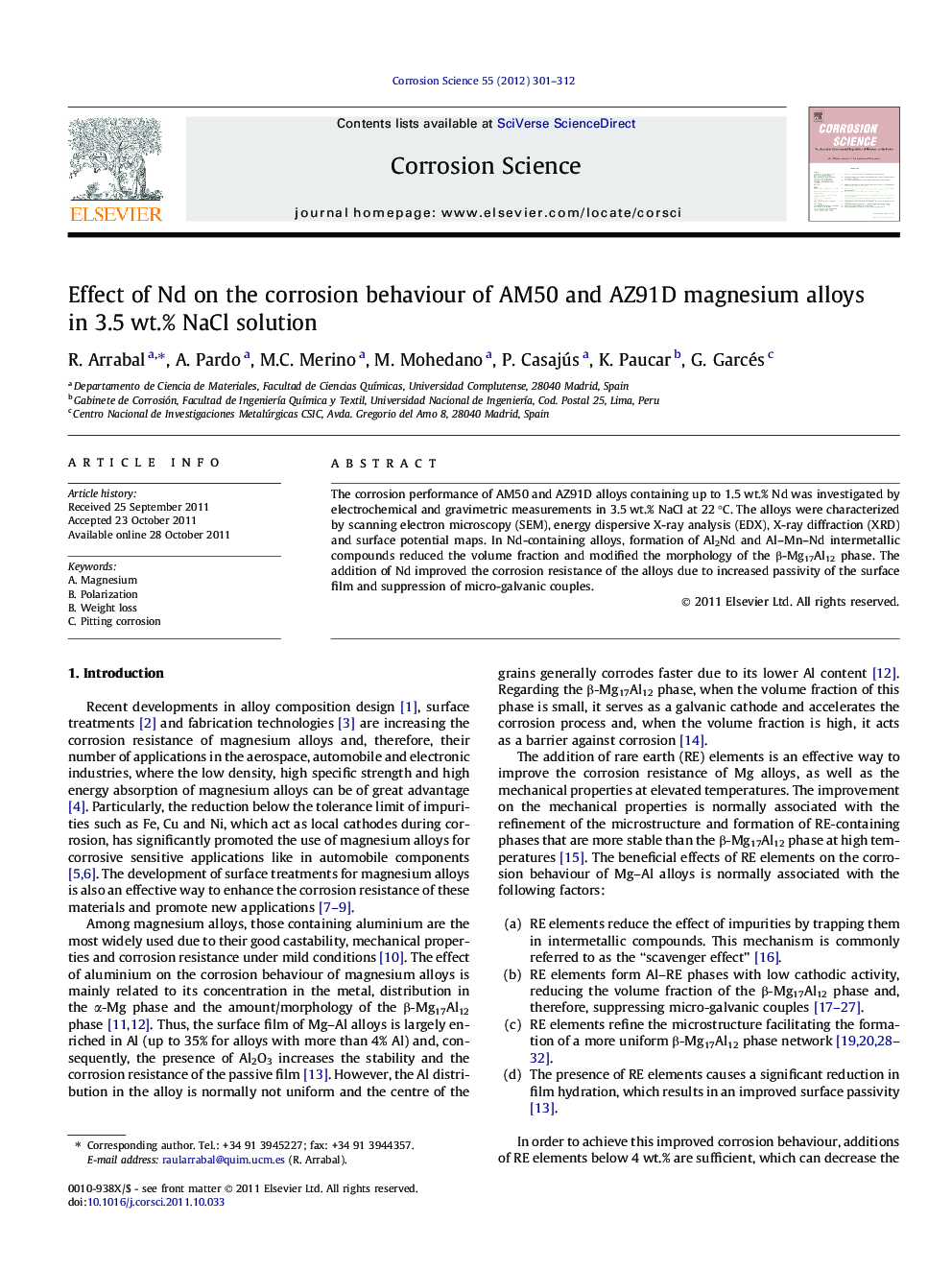 Effect of Nd on the corrosion behaviour of AM50 and AZ91D magnesium alloys in 3.5 wt.% NaCl solution