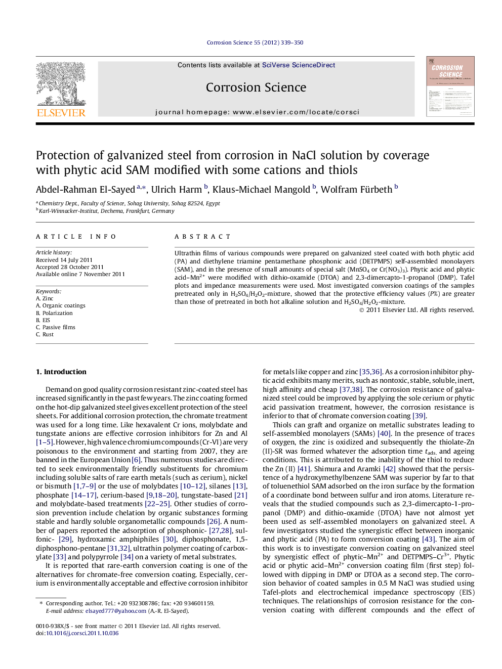 Protection of galvanized steel from corrosion in NaCl solution by coverage with phytic acid SAM modified with some cations and thiols