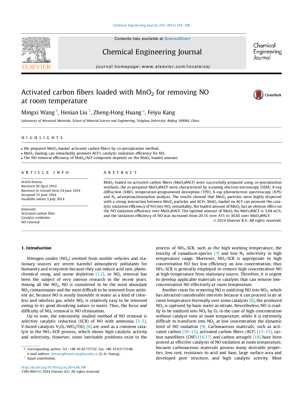 Activated carbon fibers loaded with MnO2 for removing NO at room temperature