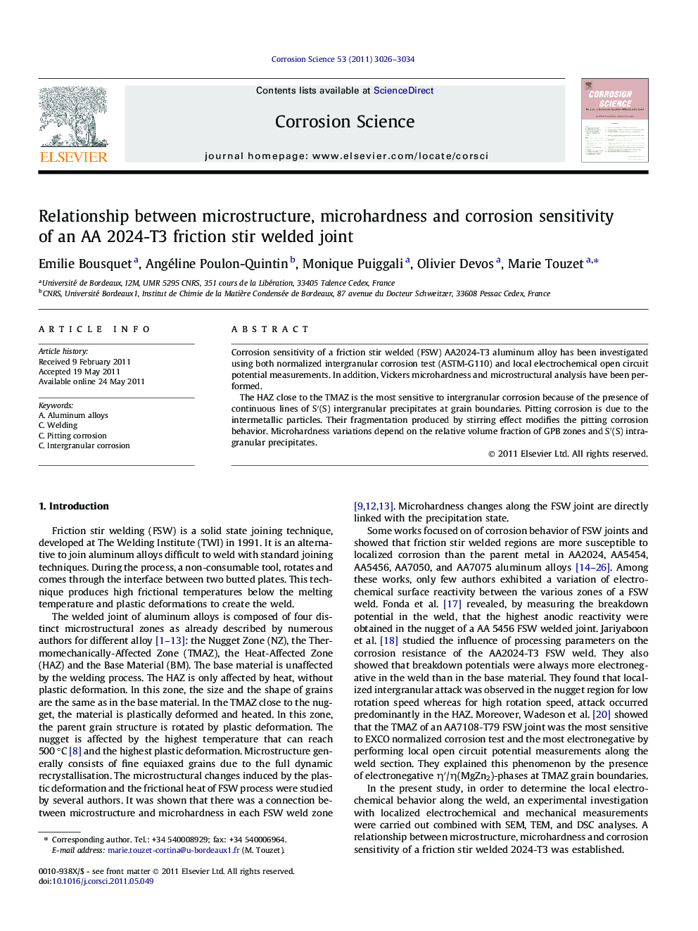 Relationship between microstructure, microhardness and corrosion sensitivity of an AA 2024-T3 friction stir welded joint