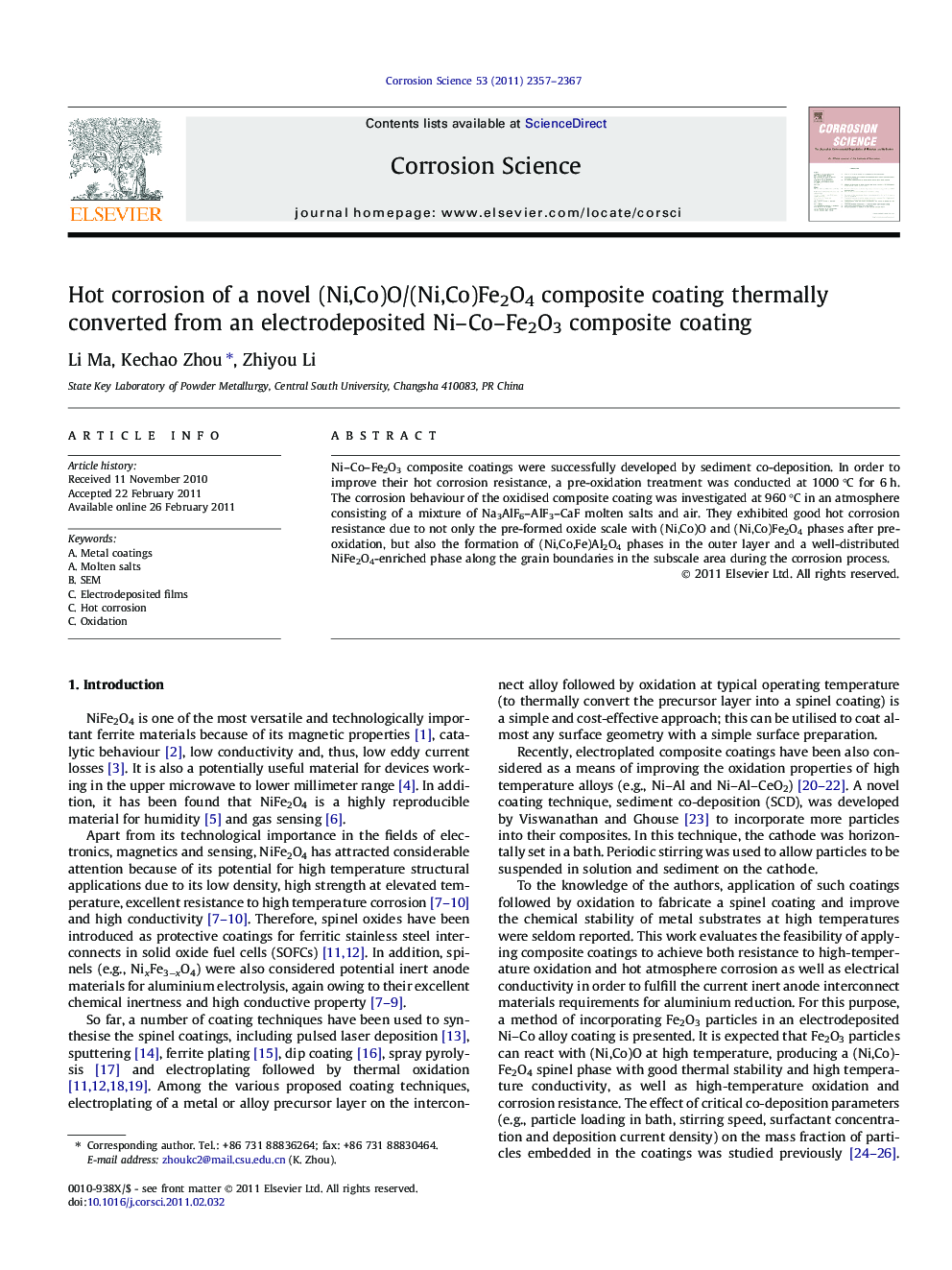 Hot corrosion of a novel (Ni,Co)O/(Ni,Co)Fe2O4 composite coating thermally converted from an electrodeposited Ni–Co–Fe2O3 composite coating