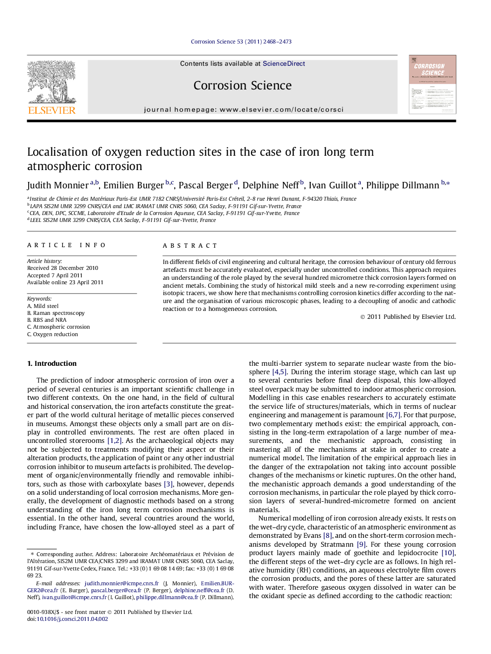 Localisation of oxygen reduction sites in the case of iron long term atmospheric corrosion