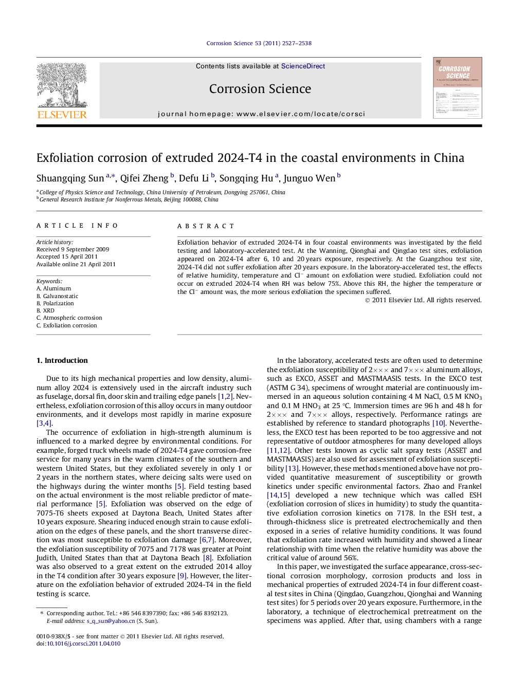 Exfoliation corrosion of extruded 2024-T4 in the coastal environments in China