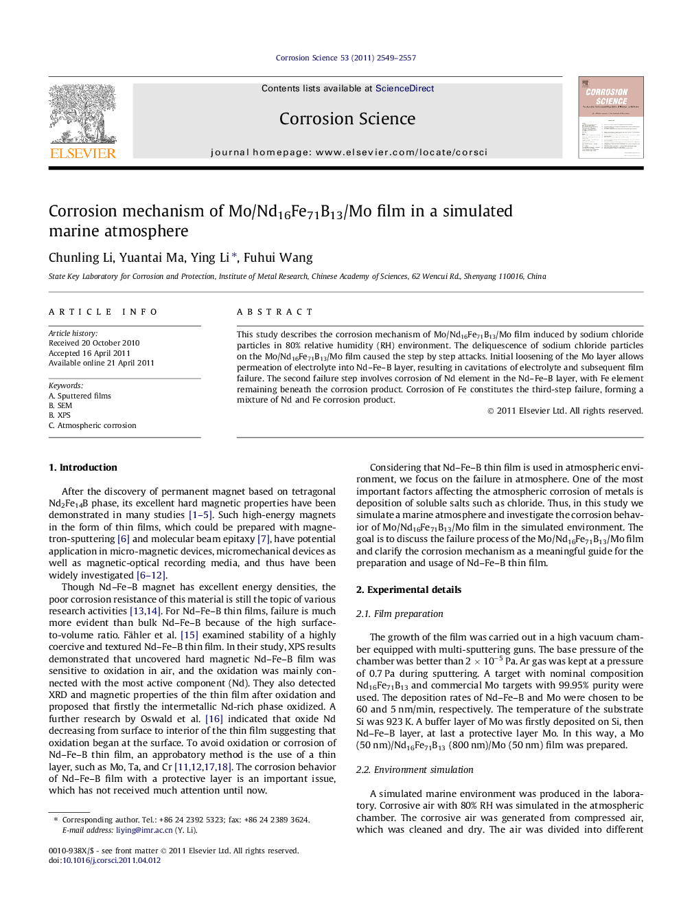 Corrosion mechanism of Mo/Nd16Fe71B13/Mo film in a simulated marine atmosphere