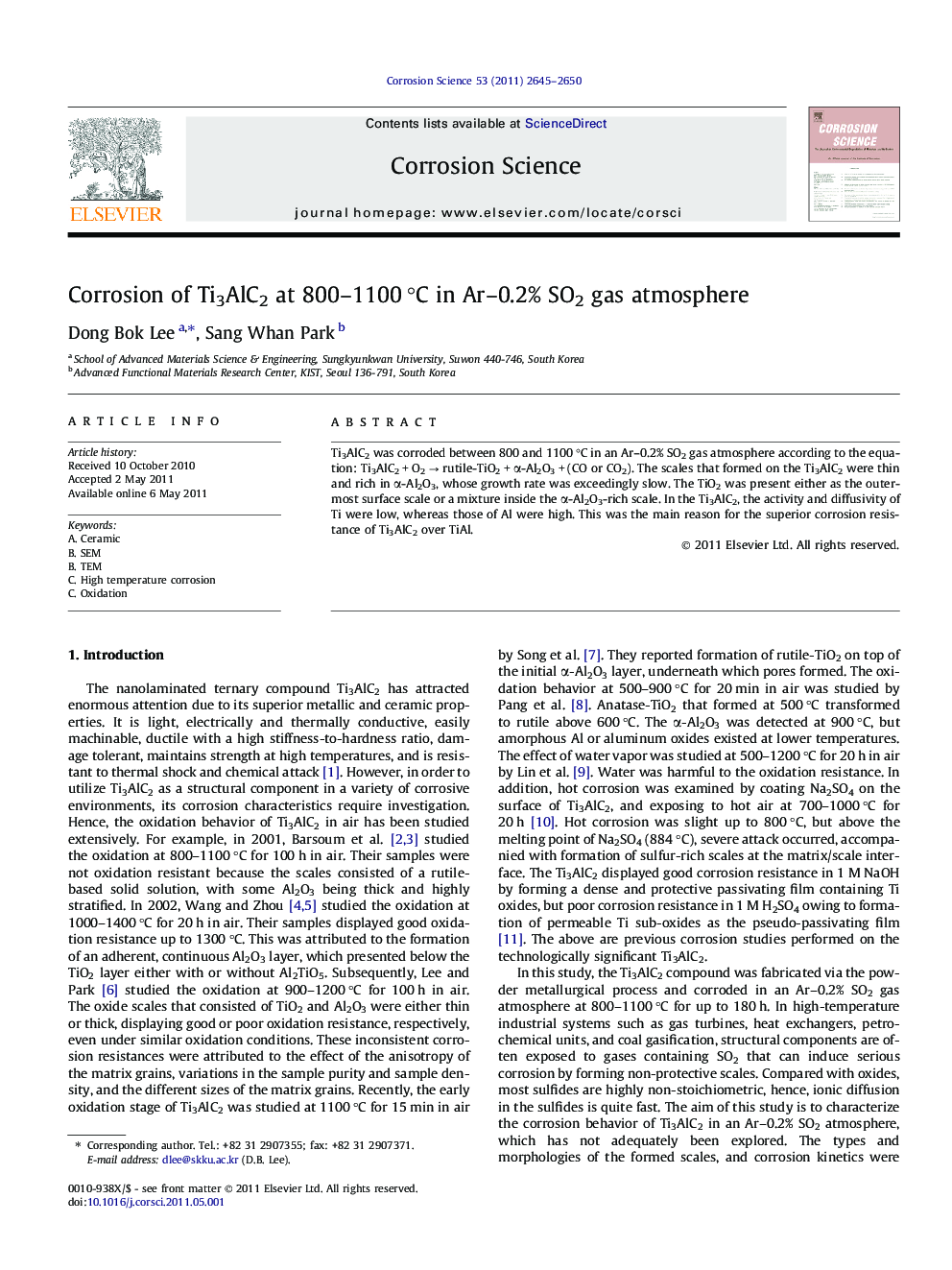 Corrosion of Ti3AlC2 at 800-1100Â Â°C in Ar-0.2% SO2 gas atmosphere