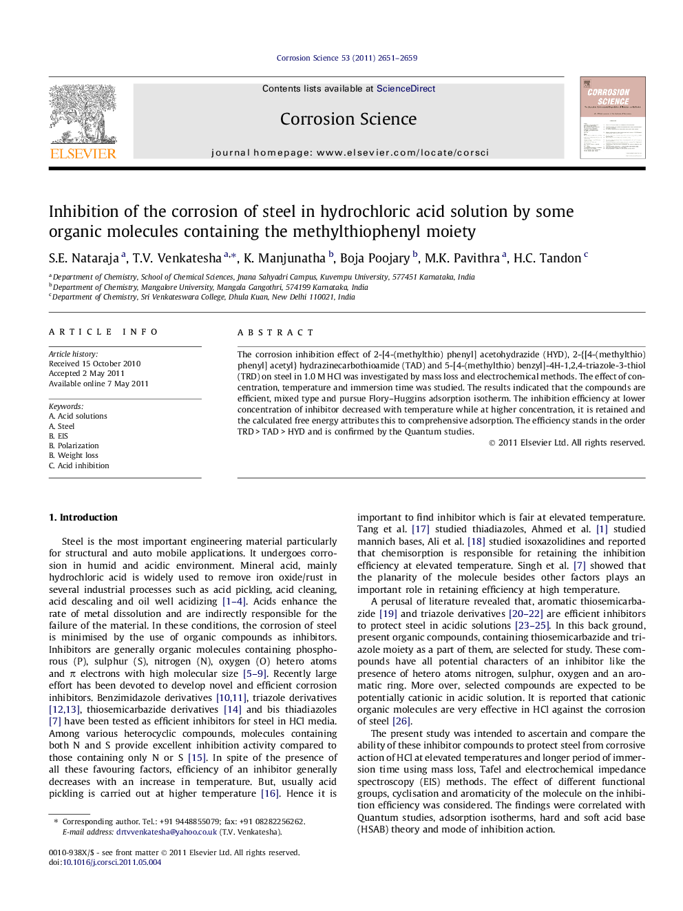 Inhibition of the corrosion of steel in hydrochloric acid solution by some organic molecules containing the methylthiophenyl moiety