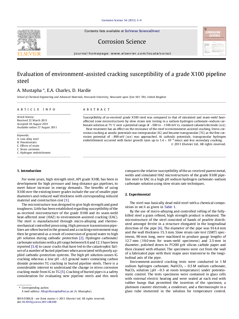 Evaluation of environment-assisted cracking susceptibility of a grade X100 pipeline steel