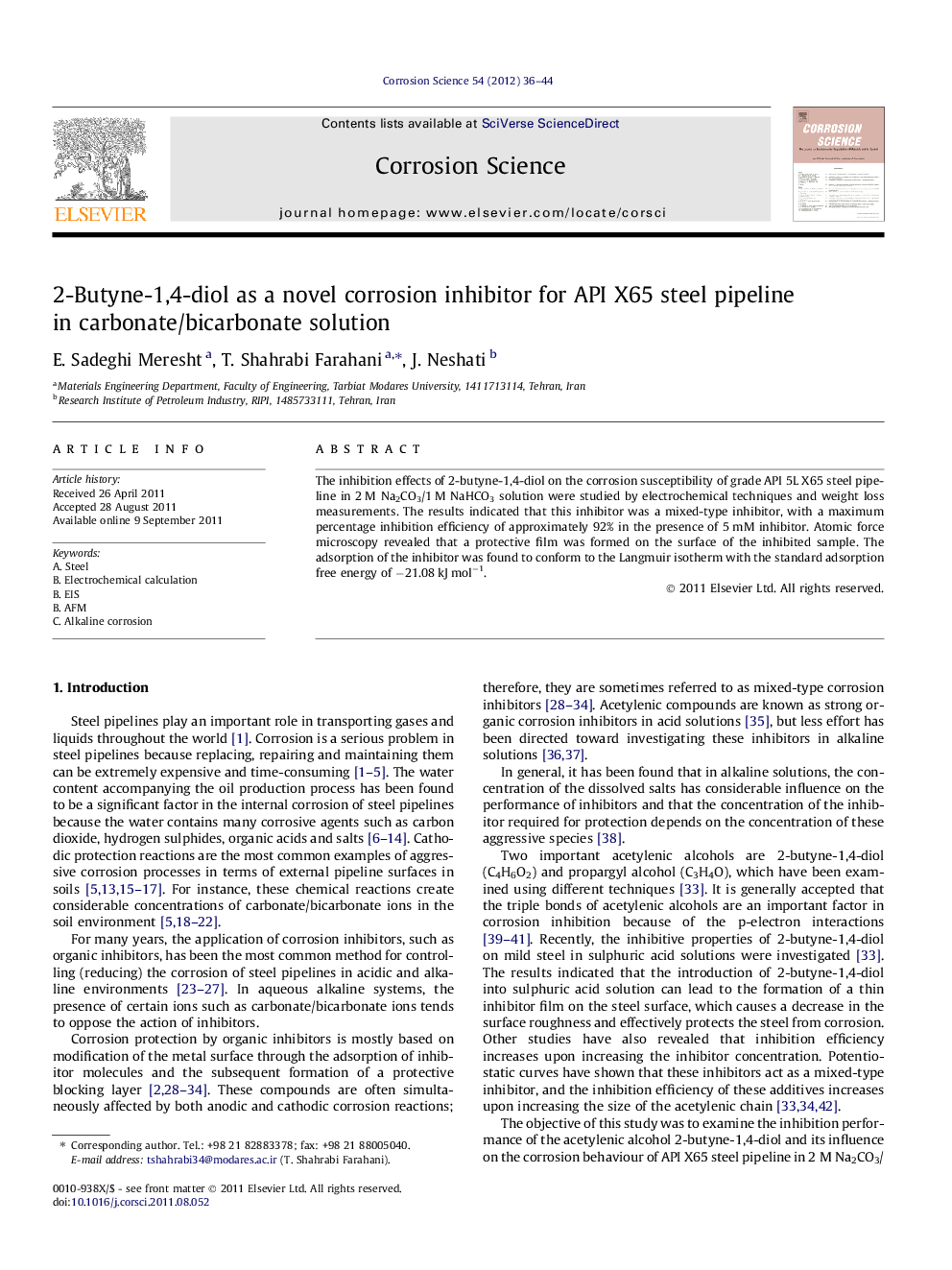 2-Butyne-1,4-diol as a novel corrosion inhibitor for API X65 steel pipeline in carbonate/bicarbonate solution