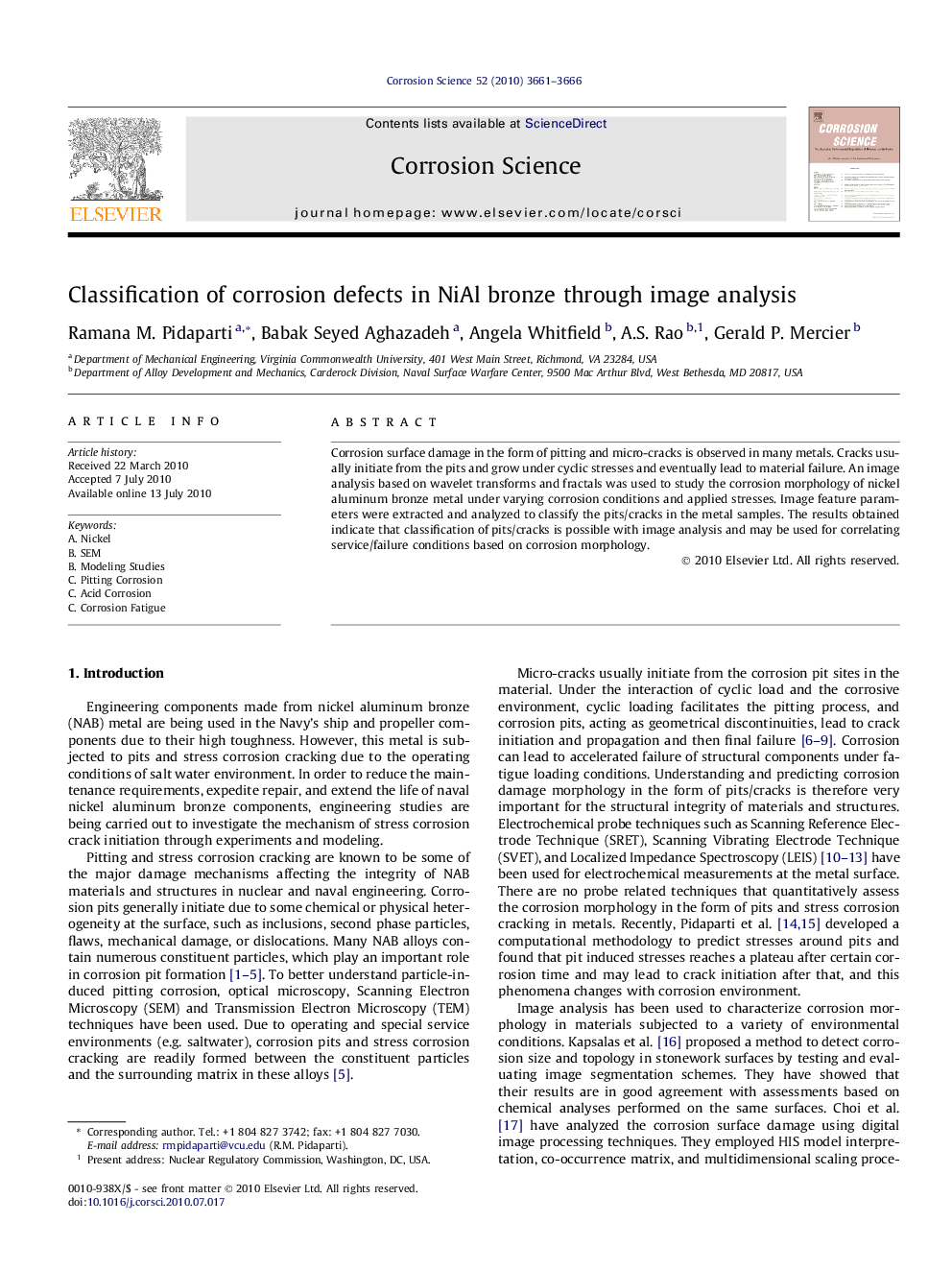 Classification of corrosion defects in NiAl bronze through image analysis