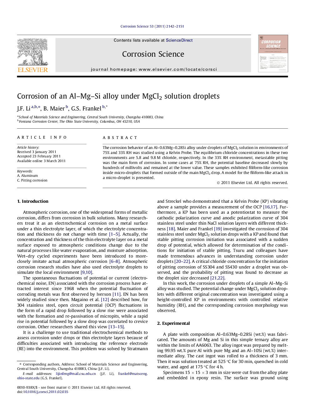 Corrosion of an Al–Mg–Si alloy under MgCl2 solution droplets