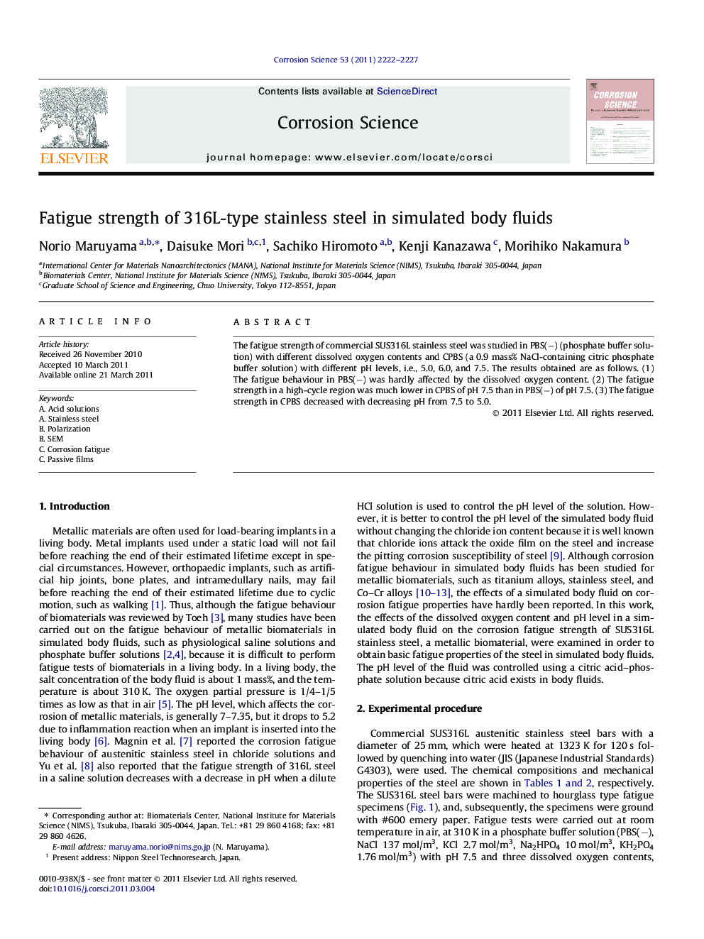 Fatigue strength of 316L-type stainless steel in simulated body fluids