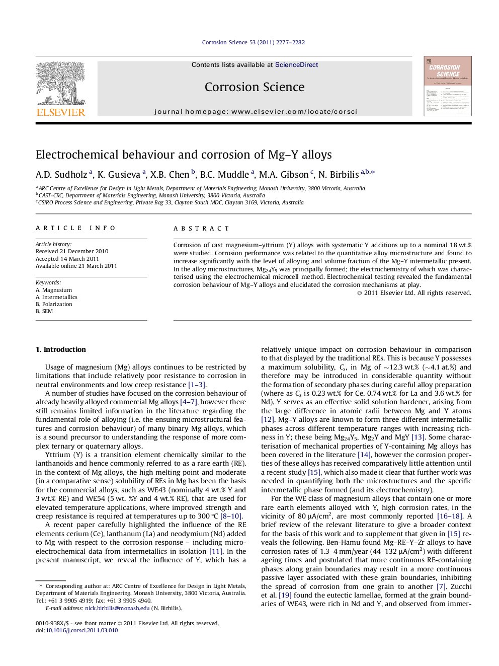 Electrochemical behaviour and corrosion of Mg–Y alloys