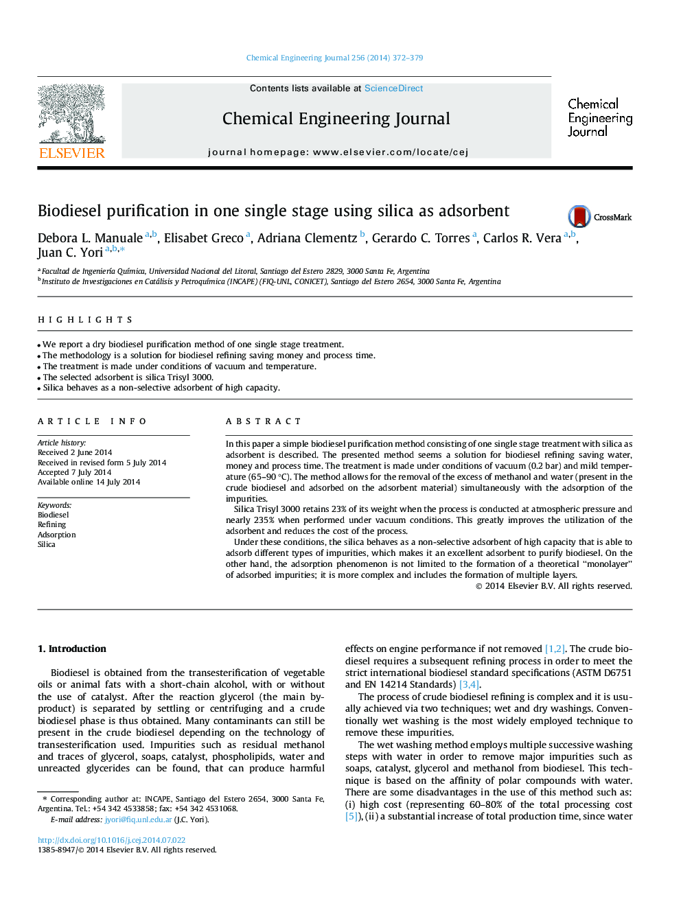 Biodiesel purification in one single stage using silica as adsorbent