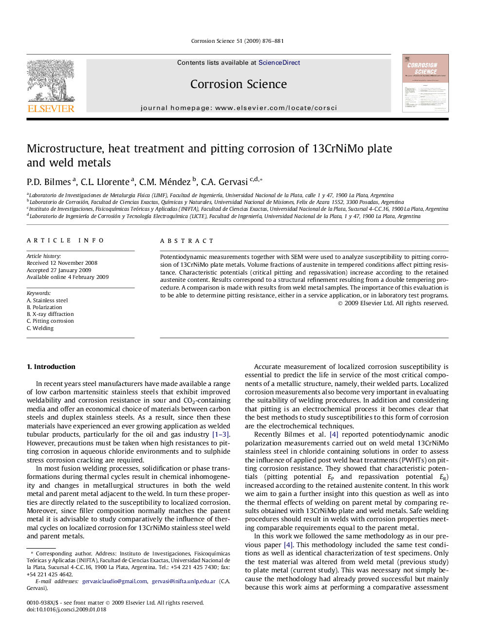 Microstructure, heat treatment and pitting corrosion of 13CrNiMo plate and weld metals