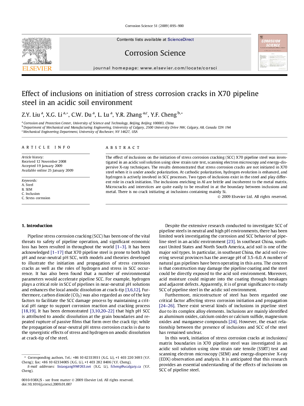 Effect of inclusions on initiation of stress corrosion cracks in X70 pipeline steel in an acidic soil environment