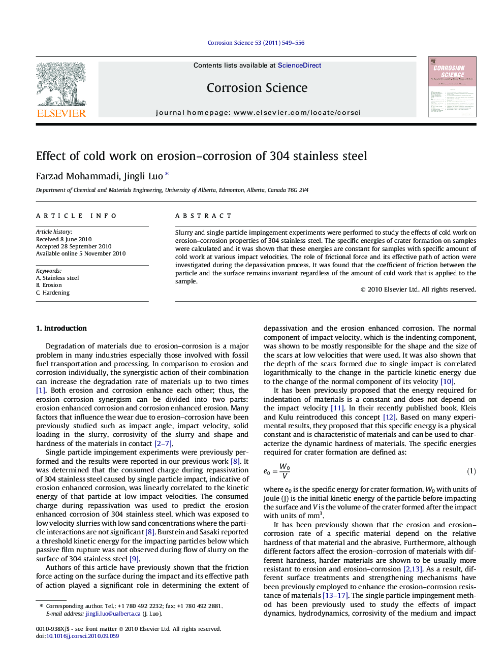 Effect of cold work on erosion–corrosion of 304 stainless steel