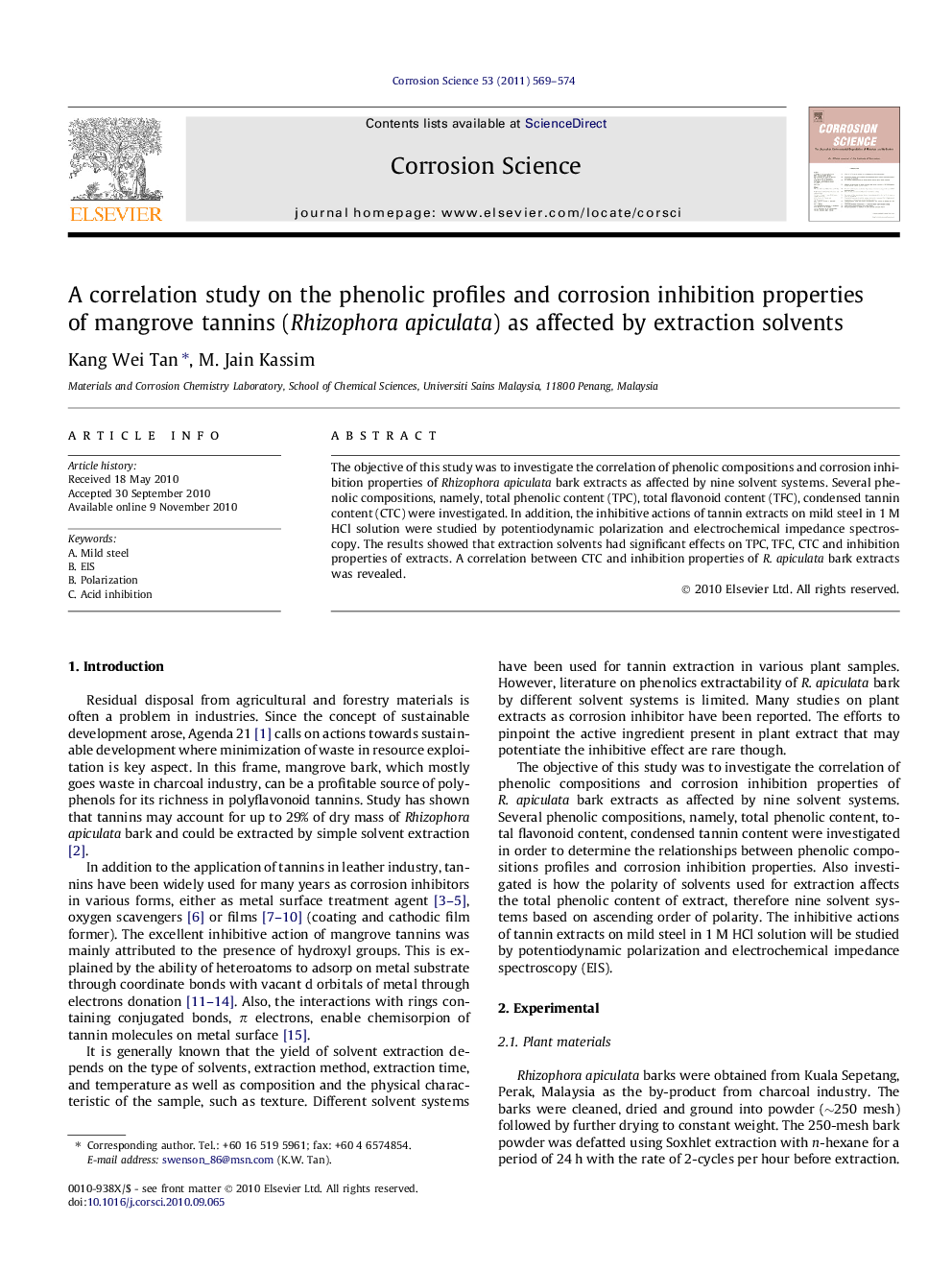 A correlation study on the phenolic profiles and corrosion inhibition properties of mangrove tannins (Rhizophora apiculata) as affected by extraction solvents