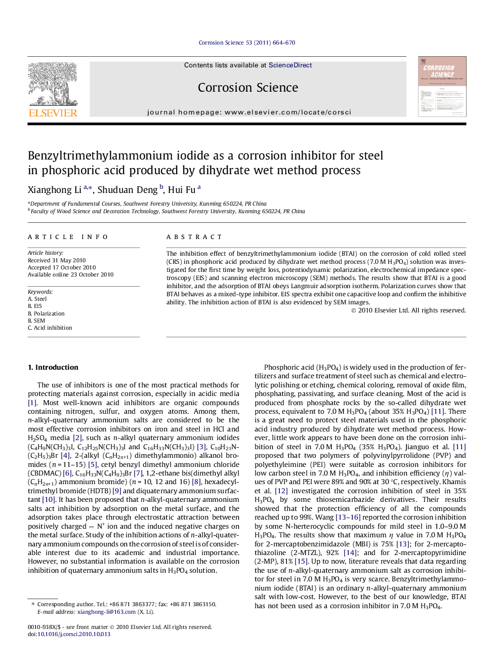 Benzyltrimethylammonium iodide as a corrosion inhibitor for steel in phosphoric acid produced by dihydrate wet method process