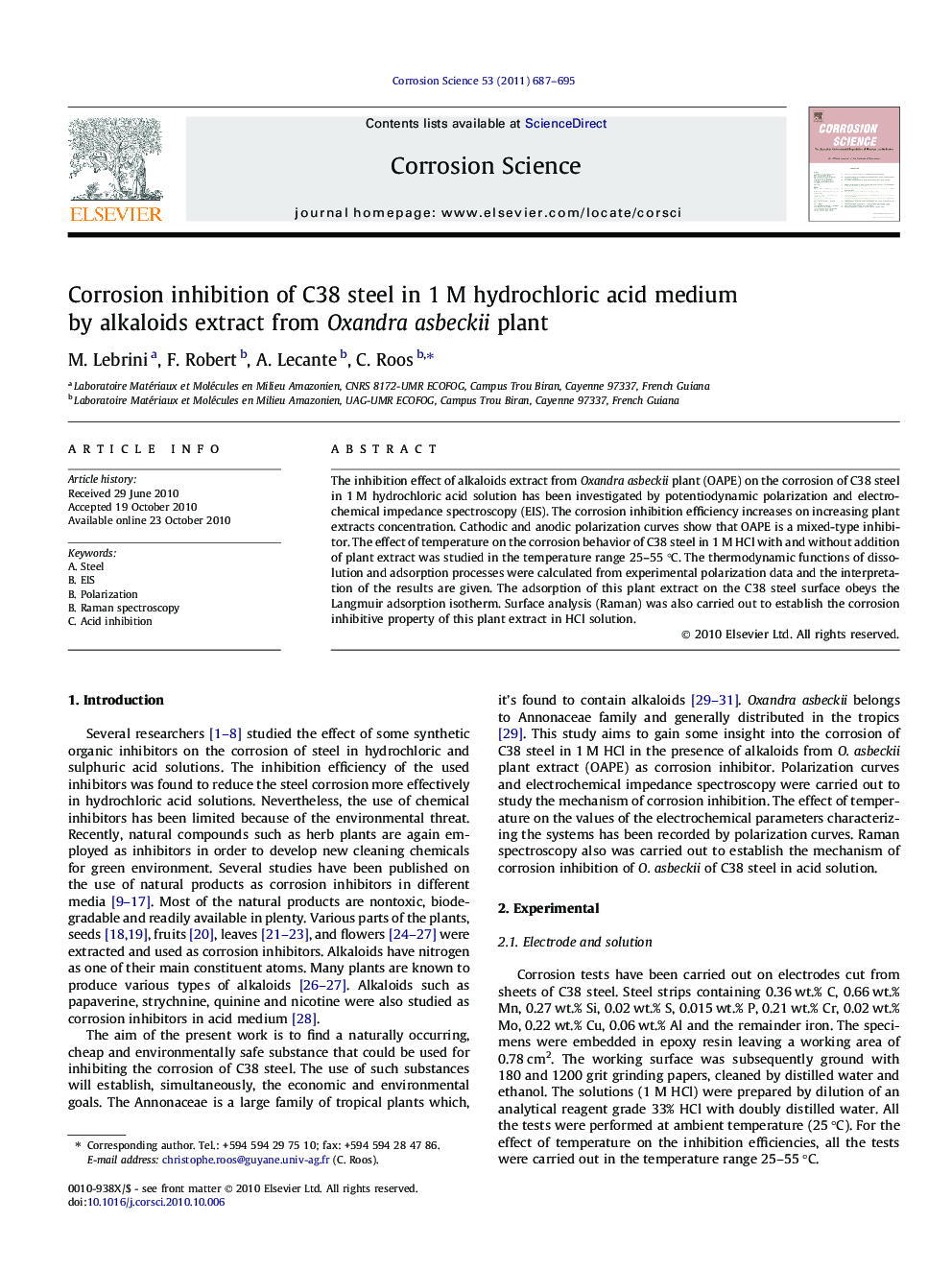 Corrosion inhibition of C38 steel in 1 M hydrochloric acid medium by alkaloids extract from Oxandra asbeckii plant