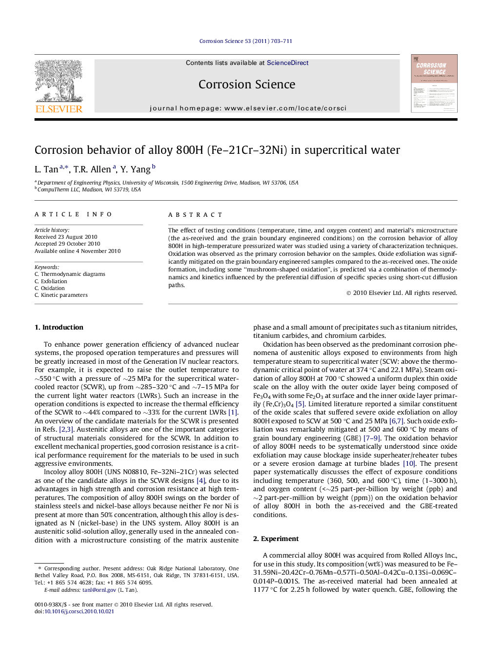 Corrosion behavior of alloy 800H (Fe–21Cr–32Ni) in supercritical water