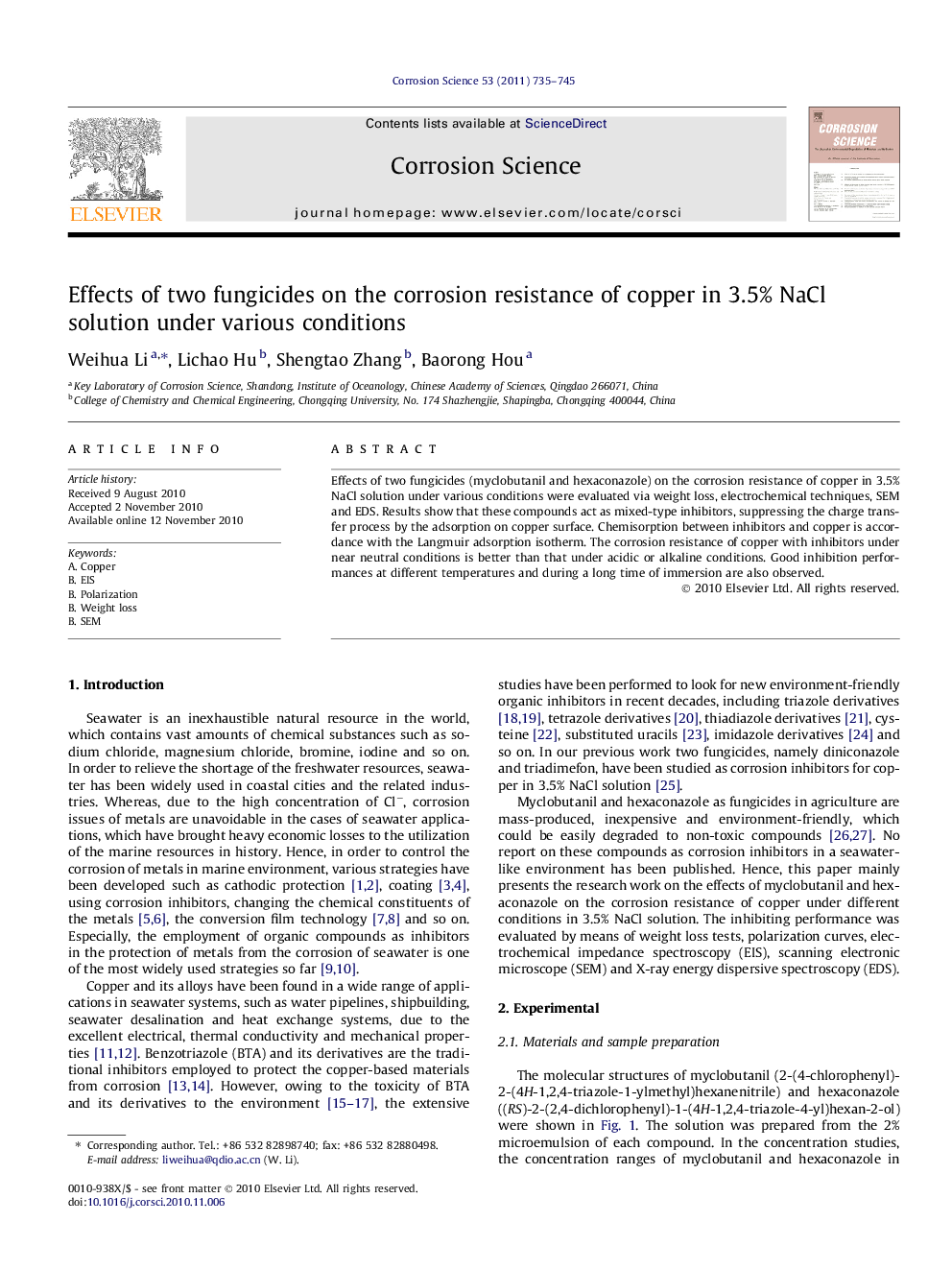 Effects of two fungicides on the corrosion resistance of copper in 3.5% NaCl solution under various conditions