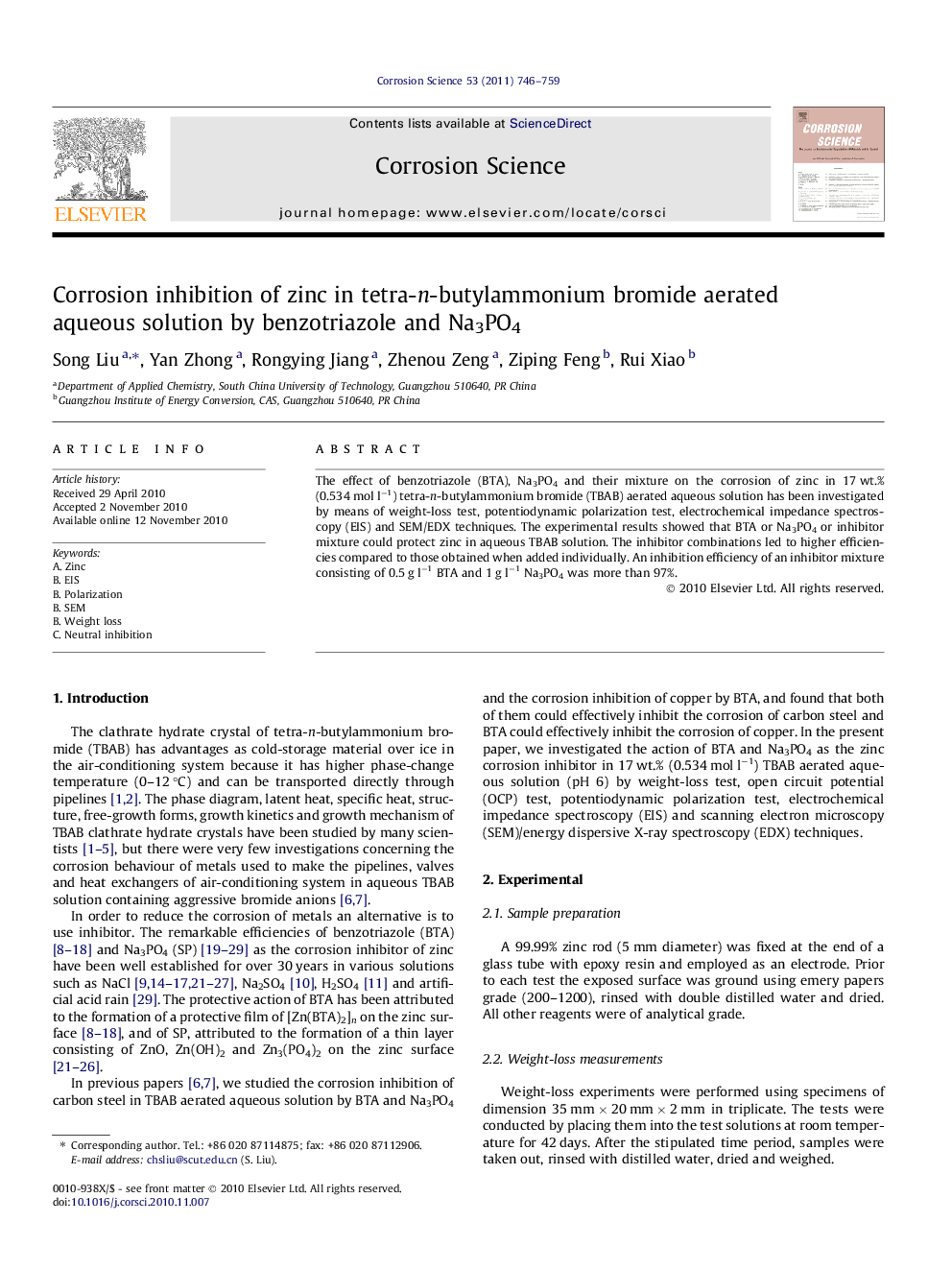 Corrosion inhibition of zinc in tetra-n-butylammonium bromide aerated aqueous solution by benzotriazole and Na3PO4