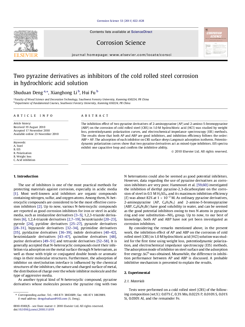 Two pyrazine derivatives as inhibitors of the cold rolled steel corrosion in hydrochloric acid solution