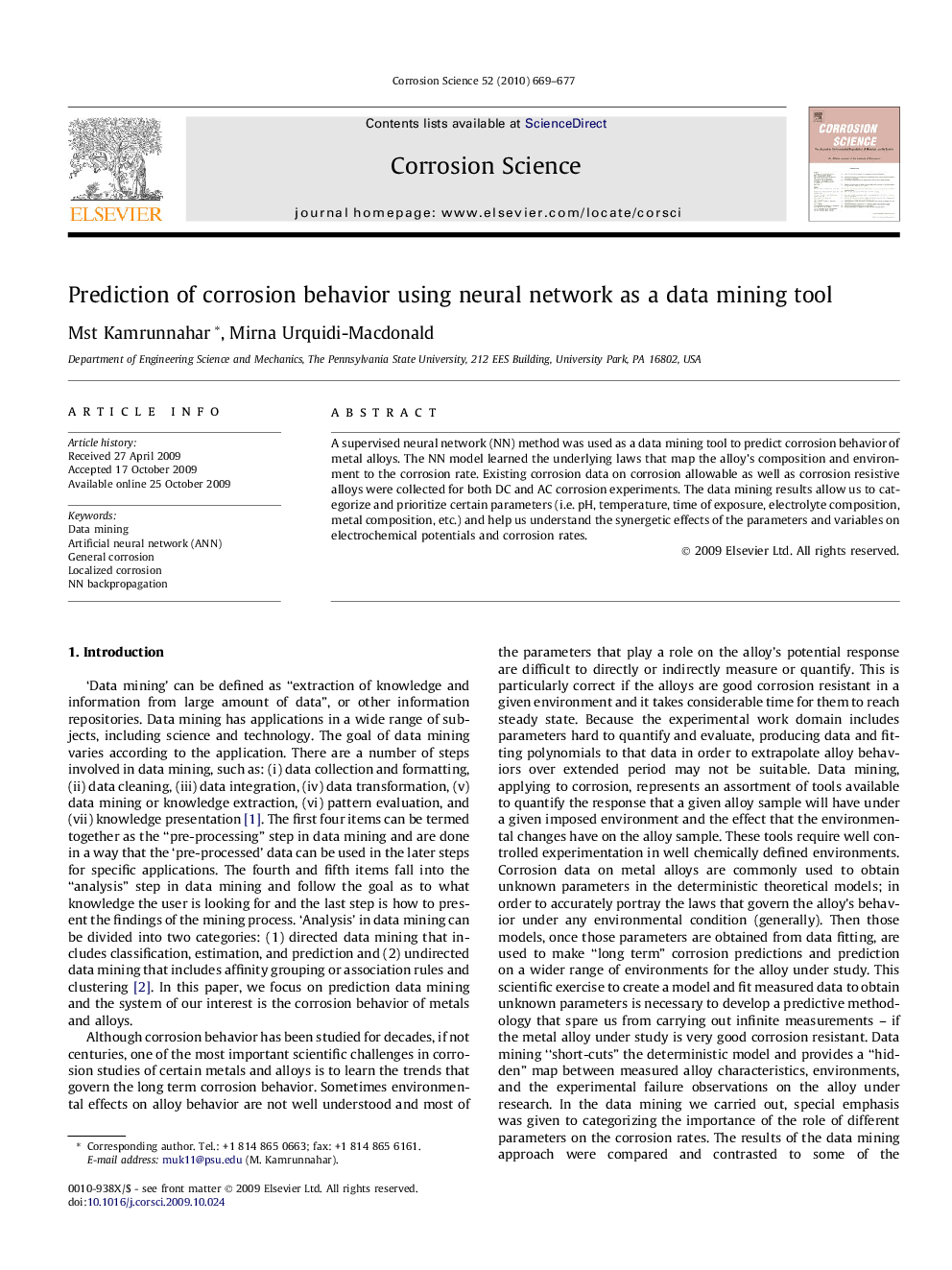 Prediction of corrosion behavior using neural network as a data mining tool